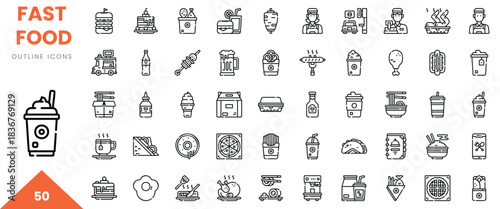 A collection of 50 hand-drawn outline icons representing various fast food items and beverages.