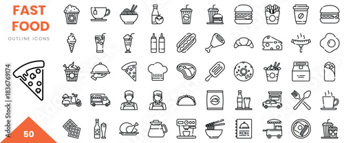 Collection of fast food outline icons featuring various dishes and beverage options.