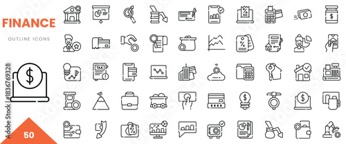 Collection of finance outline icons depicting various financial concepts and activities.