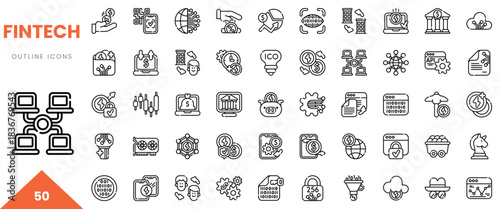 A collection of black and white fintech outline icons showcasing financial technology concepts.