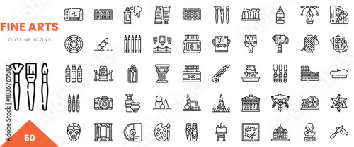 Collection of fine arts outline icons featuring tools, landmarks, and artistic elements.