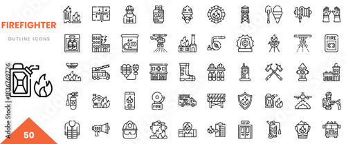 A collection of 50 outline icons related to firefighting equipment and safety tools.