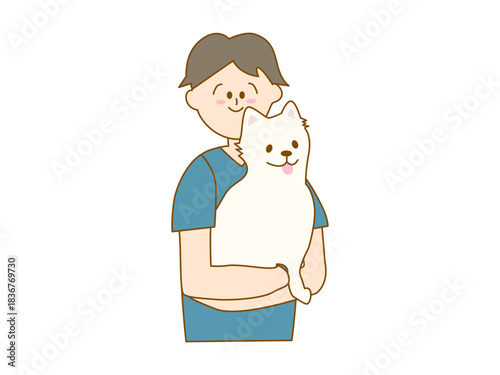 白い犬を抱くスクラブを着た獣医の男性のイラスト