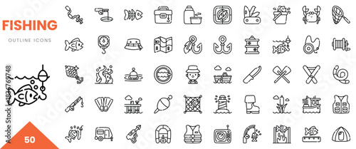 A collection of fishing-themed outline icons showcasing various tools and activities related to fishing.