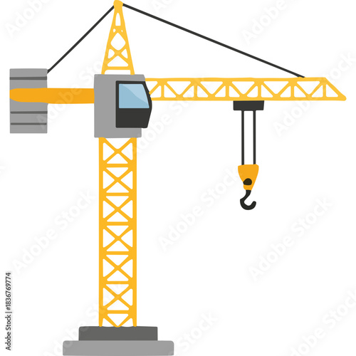 Yellow construction tower crane with gray operator cabin and hook against a black background symbolizing industrial development and heavy machinery for building projects