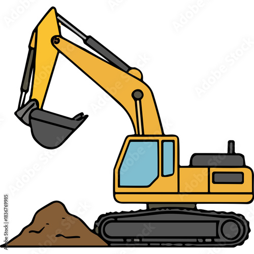 Yellow Excavator Machine Digging Soil with Bucket Detailed Construction Equipment Illustration on Black Background