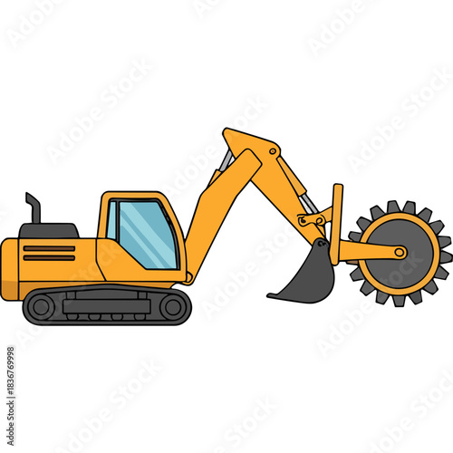 Yellow Excavator With Rotary Trencher Attachment On Tracks For Construction Digging Earth Moving And Industrial Work On Black Background
