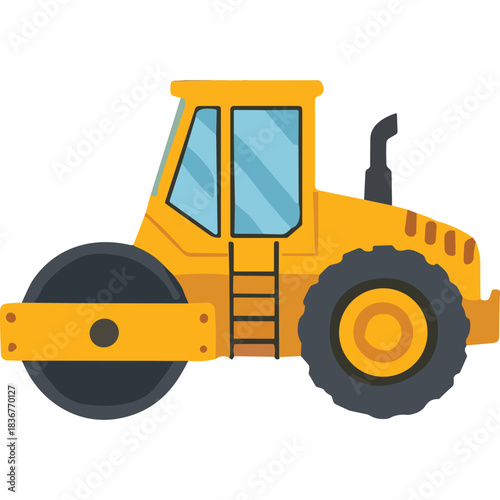 Yellow Road Roller Vehicle Flat Design Style Isolated on Black Background Construction Equipment for Compacting Surfaces Heavy Duty Machinery for Roadwork and Paving Industry