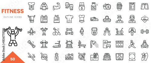 Collection of fitness outline icons representing various workout equipment and activities.