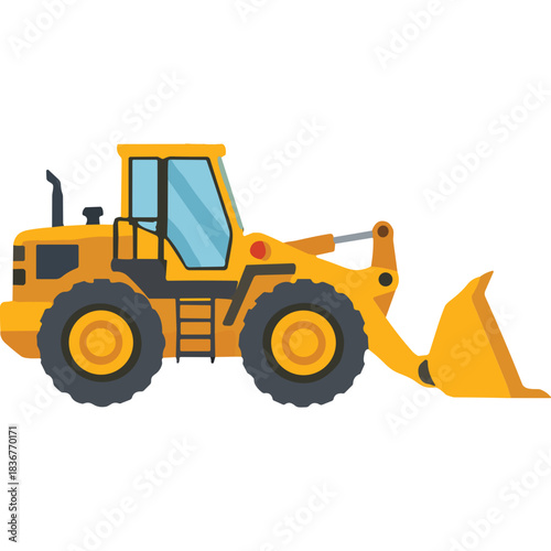 Yellow Wheel Loader Construction Vehicle with Bucket and Cab in Flat Design Isolated on Black Background