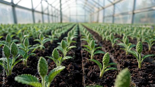 Vegetable seedling planting scene in greenhouse