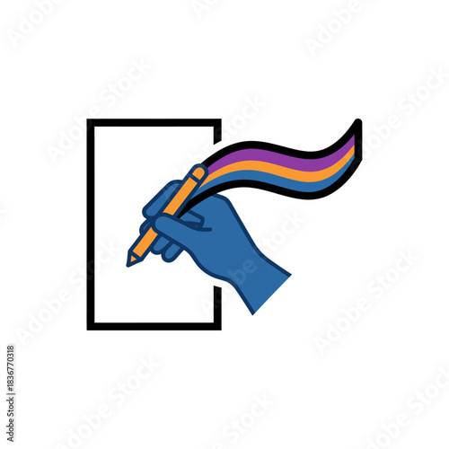 Voting concept A blue hand marks a ballot with a pencil leaving a trail of colors perfect to represent democratic values and civic duty.