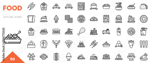 A collection of 50 outline icons representing various food items, showcasing diversity in culinary delights.