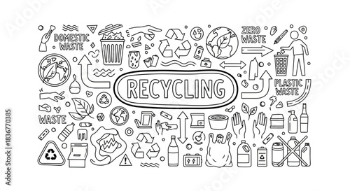 Illustration of various recycling symbols and ecofriendly icons in a creative sketch style