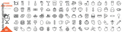A collection of 85 outline icons representing various food and drink items, ideal for design projects.