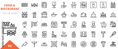 A collection of food and restaurant outline icons representing various culinary delights and dining experiences.