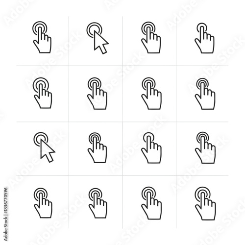 Set of icons showing different hand gestures with a cursor clicking on a button isolated on