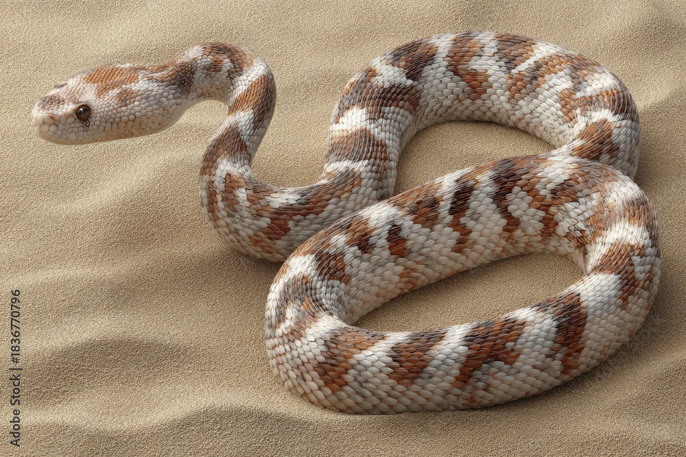 Fototapeta premium Coiled Rattlesnake Blending into Sandy Desert Environment
