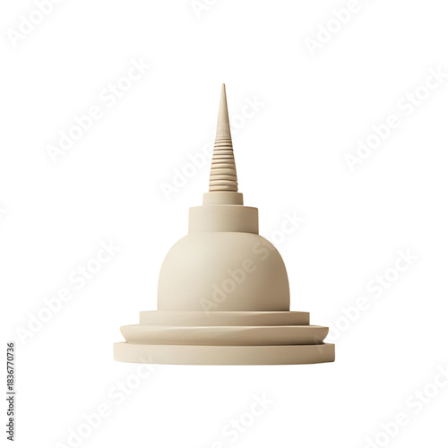 Stylized 3D render of a serene Buddhist stupa, an iconic Asian temple structure symbolizing peace and cultural heritage, isolated on a pure white background