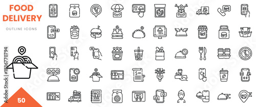 A collection of outline icons depicting various aspects of food delivery services.