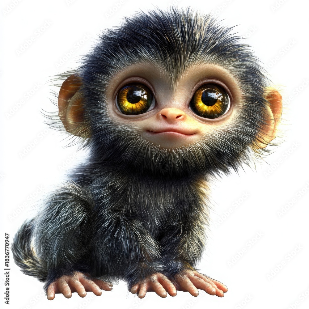 Obraz premium Adorable baby monkey with golden eyes and a sweet smile, perfect for children's books, animated movies, or heartfelt greeting cards