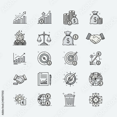 Business finance and investment icons set with graphs, charts, and money symbols