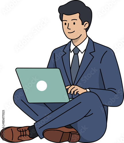 business man working on laptop while sitting cross legged isolated vector illustration