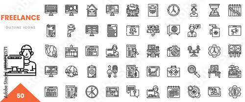 Illustration of freelance work icons featuring a male designer using a computer.