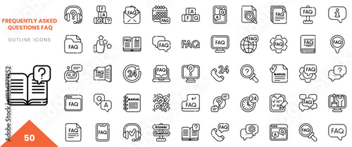 A collection of outline icons illustrating frequently asked questions (FAQ) concepts in various designs.