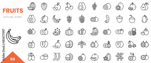A collection of 50 outline icons representing various fruits in a minimalist style.