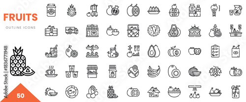Collection of various fruit outline icons including pineapples, avocados, and apples.