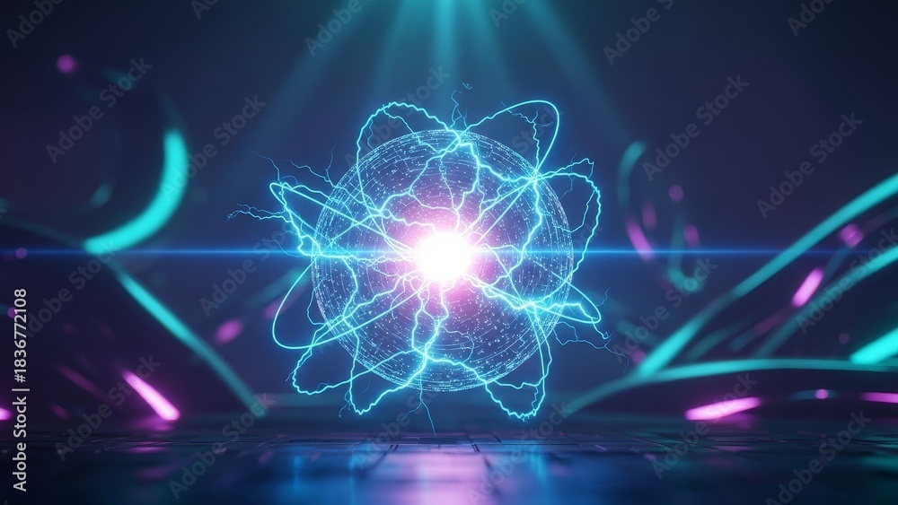 Fototapeta premium Glowing 3D energy sphere with electric lines circling around, futuristic atmosphere, dark ambient background.