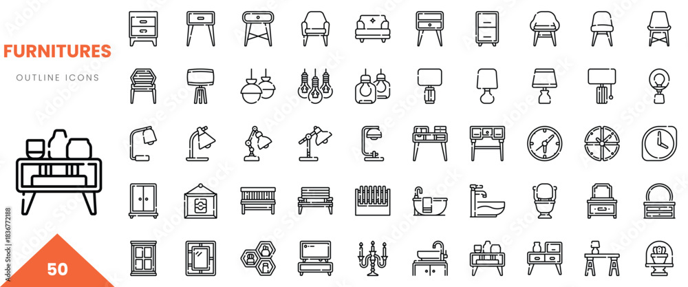 Fototapeta premium A collection of 50 outline icons representing various furniture styles and types.