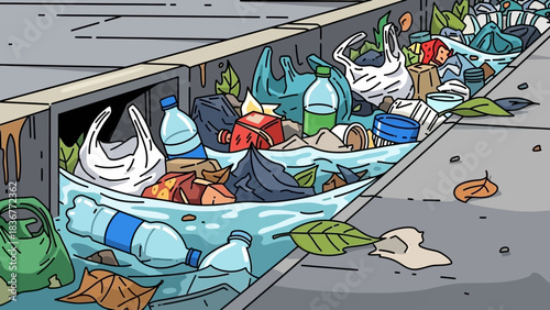Vector Illustration of a Clogged Drain Filled with Plastic Waste: Environmental Pollution Caused by Improper Littering in Urban Areas