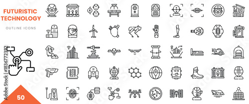 A collection of futuristic technology outline icons featuring innovative devices and concepts.
