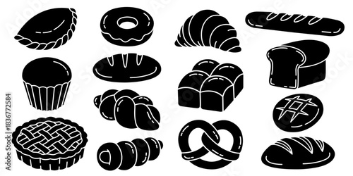 Bakery bread icon set. Bread loaf, baguette, pastry food, croissant, donut, crispy, cookies, bagel, bun roll, slices for toast, wheat, pastry, cup cake. Food and drink breakfast or tea time concept.