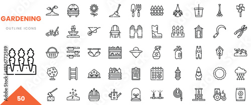 A collection of 50 outline icons representing various gardening tools and elements.