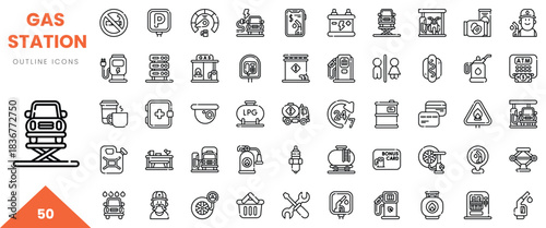 A collection of gas station outline icons showcasing various services and equipment.