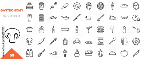 A collection of 50 outline icons representing various food and kitchen items in a minimalistic style.