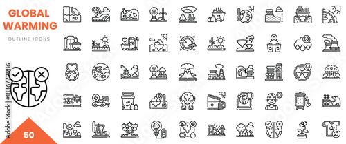 A collection of global warming outline icons illustrating climate change elements and solutions.