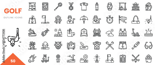 A collection of 50 golf-themed outline icons including equipment, accessories, and activities.