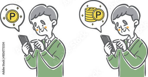 スマホでポイ活をするシニア男性　ベクター