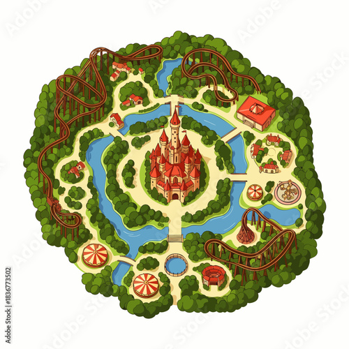 Overhead view of a whimsical fantasy theme park with a central castle and various attractions.