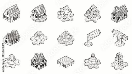Isometric houses and melting objects line art collection.