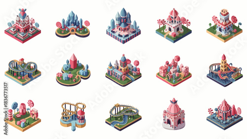 Collection of isometric fantasy castles and magical structures whimsical fairytale architecture set enchanting kingdom buildings.