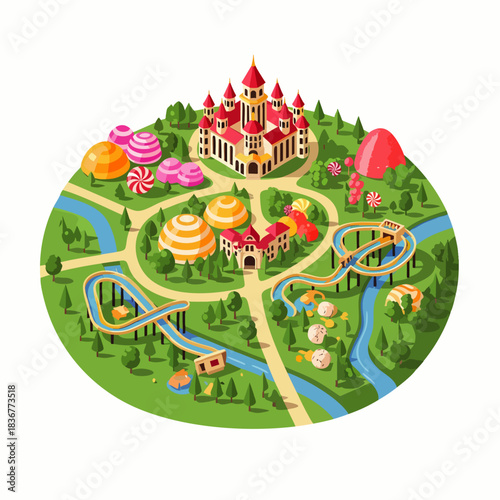 Fantasy Candy Land Theme Park Map with Castle and Roller Coasters.