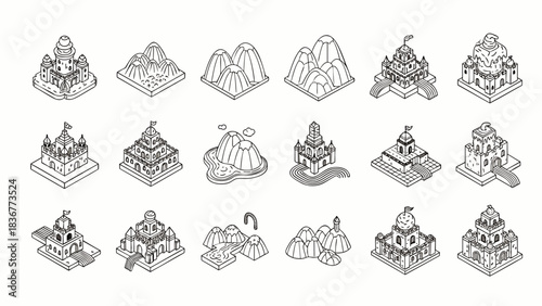 Isometric Fantasy Buildings and Landscapes Vector Set.