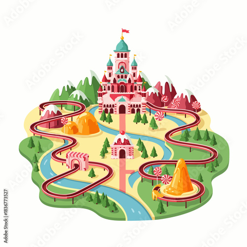 Fantasy amusement park map with a fairytale castle and roller coaster rides.