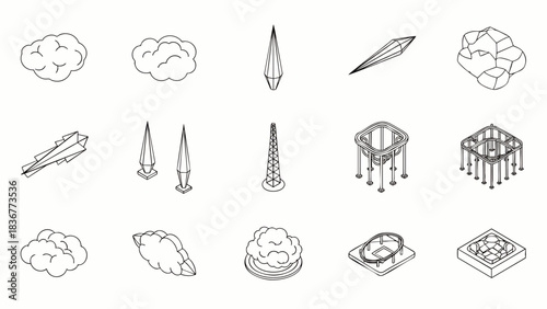 Collection of various isometric fantasy game assets and magical items in outline style.
