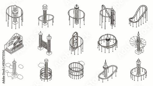 Isometric Roller Coaster Rides and Amusement Park Attractions Set.